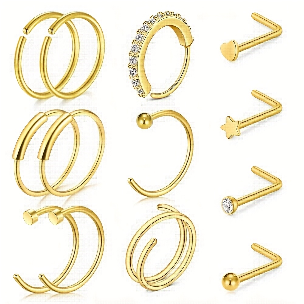 TEMU 13pcs Nose Rings Nose Studs Style Stainless Steel, Simple Nose Nostril Piercing Jewelry For Women, Suitable For , Party, Vacation, Night Club