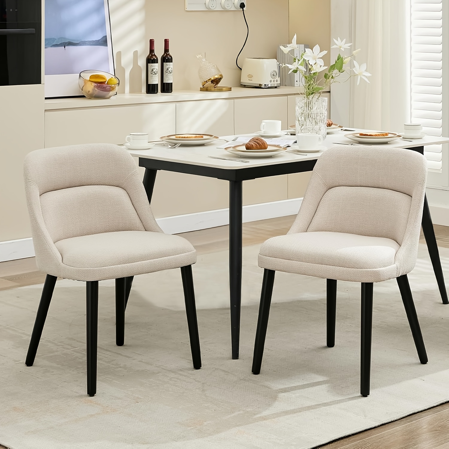 Image of Set Of 2 Upholstered Dining Chairs With Wooden Legs, Contemporary Kitchen Chairs