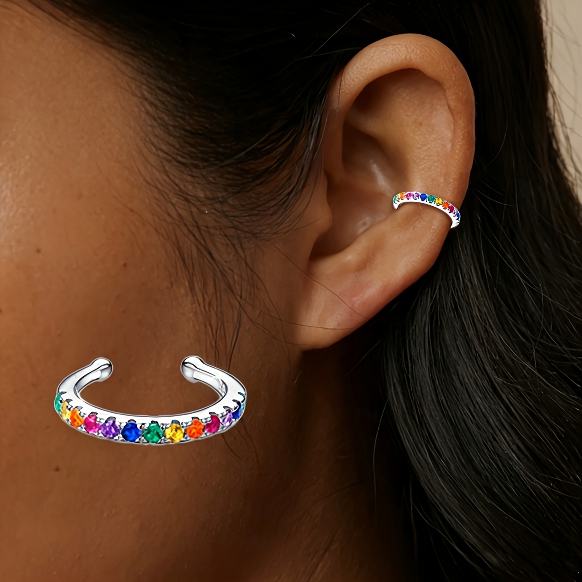 TEMU 1pc Unique Multicolor Ear Clip, Multi-colored Earring Copper With Synthetic Synthetic Synthetic Cubic Zirconiaia, Fashionable Clip-on Earrings