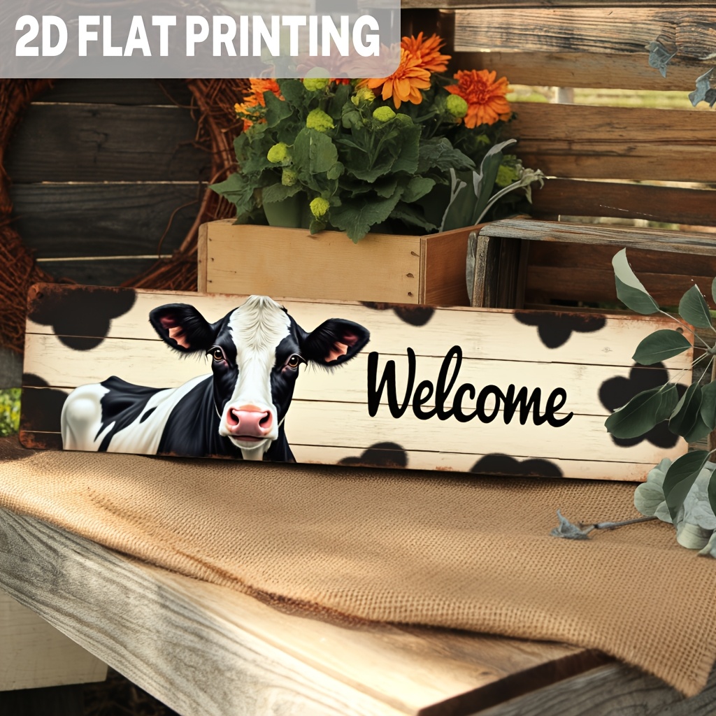 2d Flat, 1pc, Cow Welcome Sign, Metal Sign, Farmhouse Decor, Wall Art, Wall Hanging For Entryway, Porch, Kitchen, Living Room, Housewarming Gifts, Decorative Sign, 3.93x15.74 Inch, 2d Flat