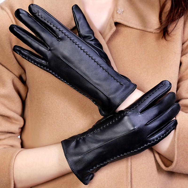 

Black Leather Gloves Short Warm Touchscreen Gloves Autumn Winter Coldproof Split Finger Gloves