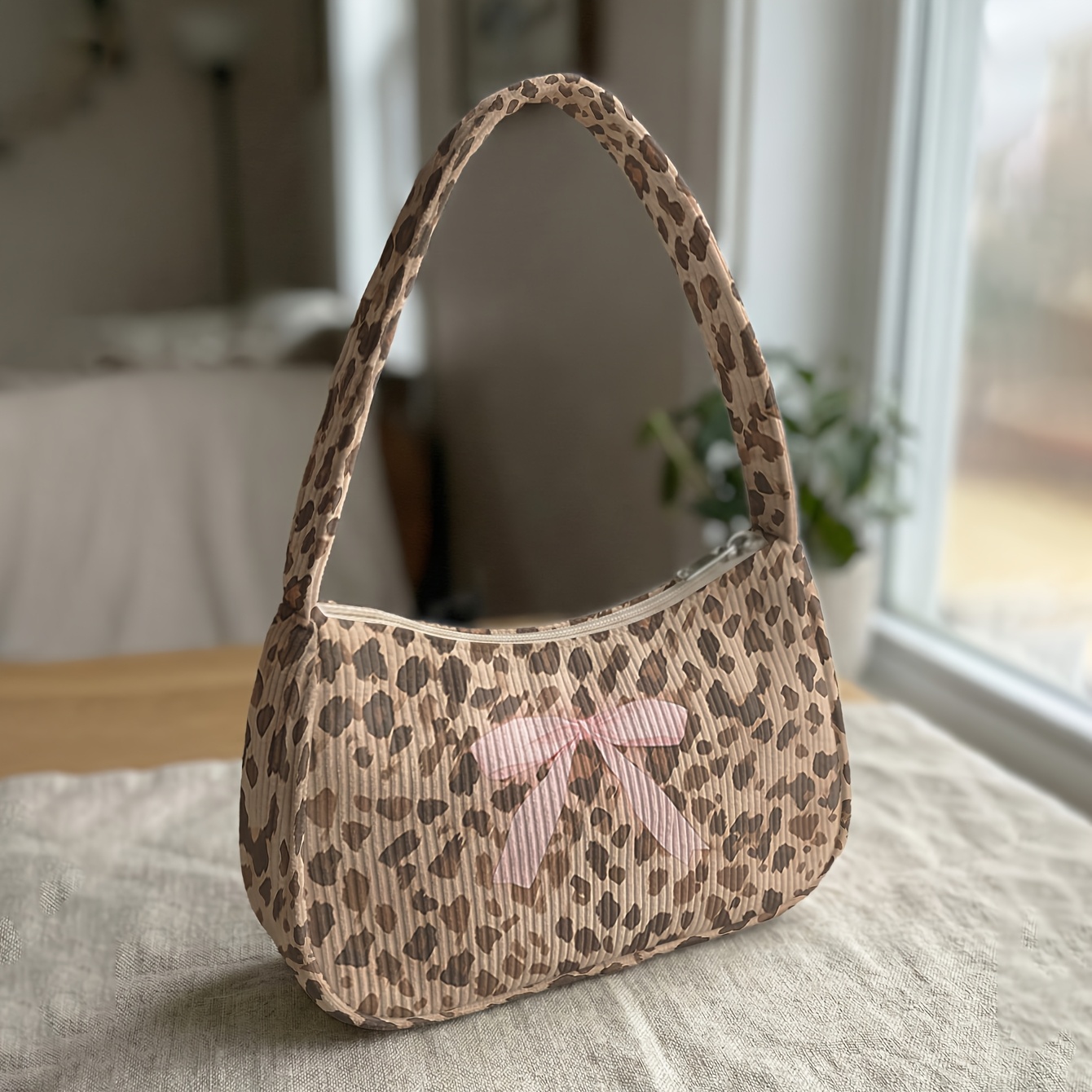 TEMU 1pc, Leopard Print Pink Bow Pattern Printed Single-shoulder Bag, Corduroy Underarm Bag, Retro Style, Suitable For Daily Commuting, Dates,