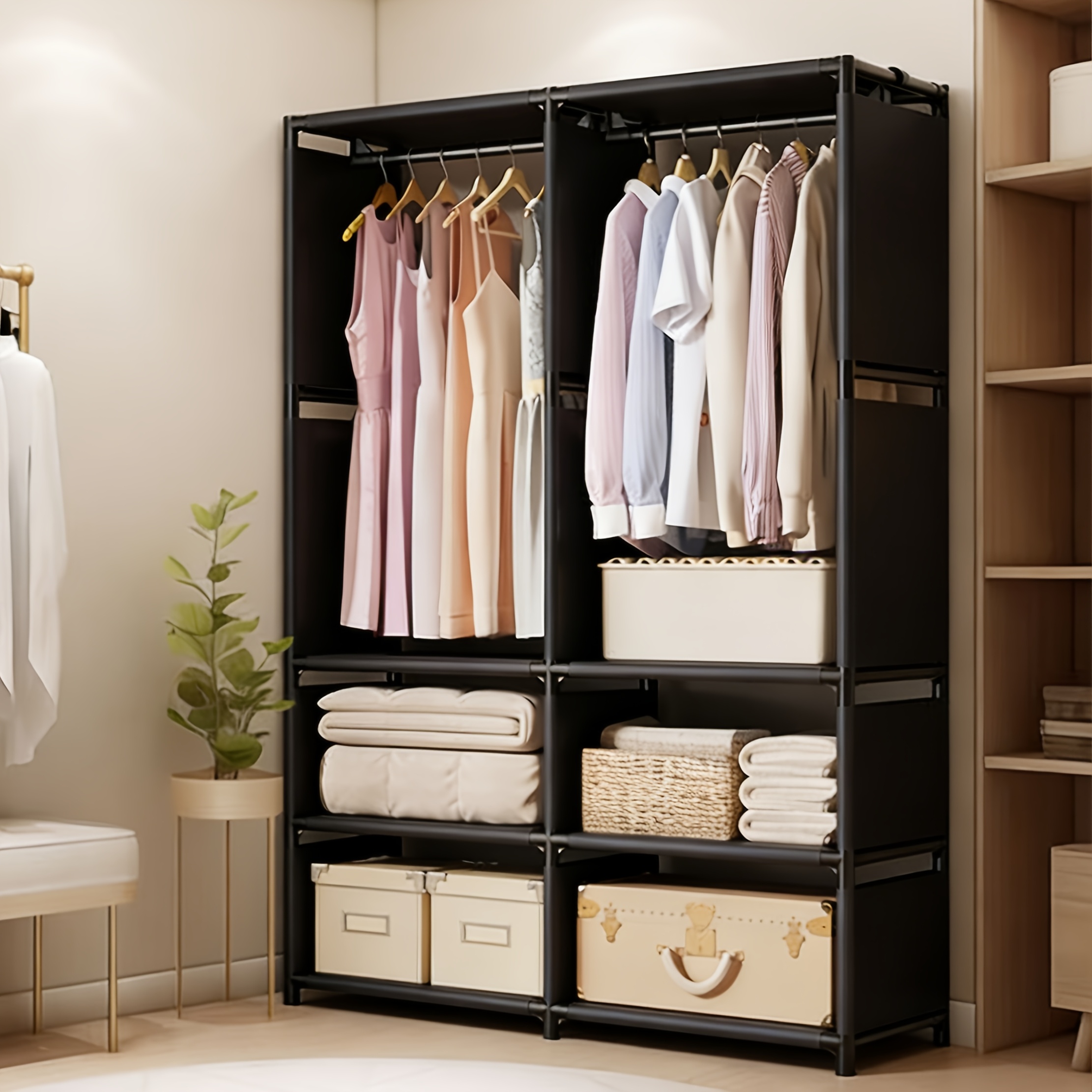 Open Wardrobe With Hanging Area, Portable Fabric Wardrobe, Suitable For Apartments, Dormitories