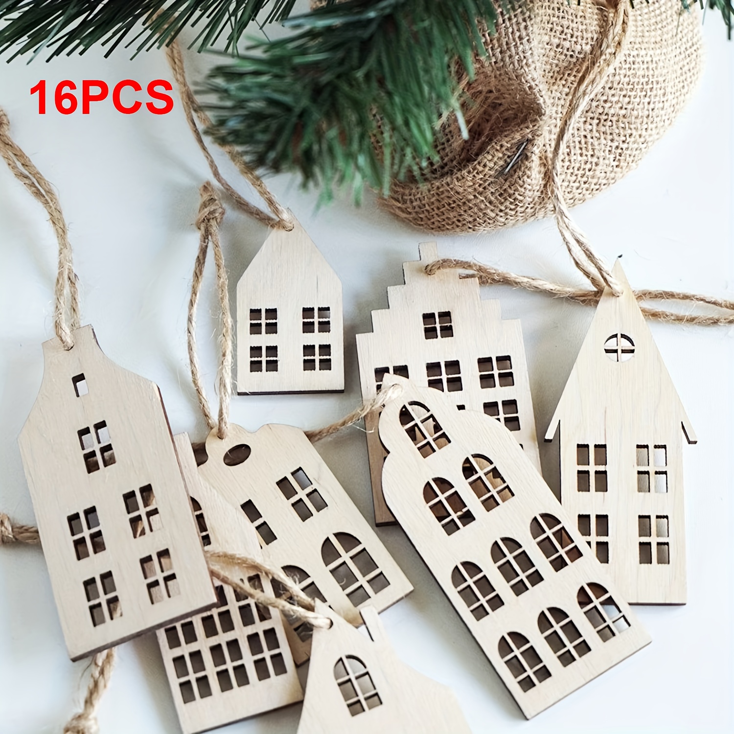 Image of 8/16pcs Wooden House Hollow Decorative Hanging Ornaments, Suitable For Summer Autumn Winter Christmas/, Featuring Integrated House (gabled Roof, Sloped Roof, Arched Windows) With Jute Rope Hanging