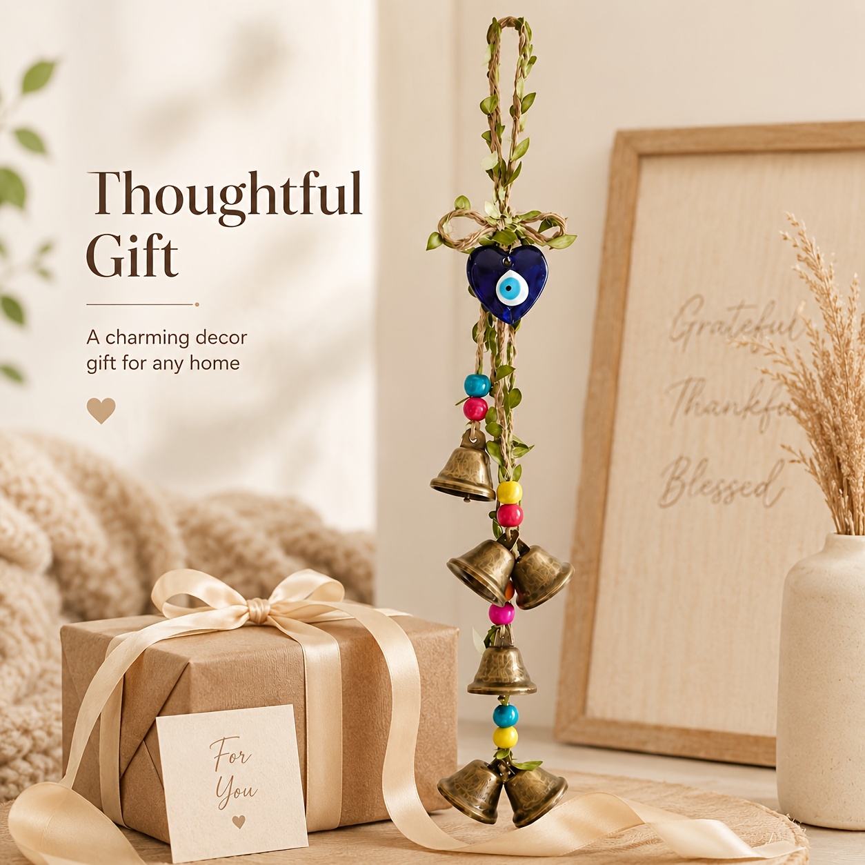 TEMU Handmade Boho Hanging Bell Door Decor With Blue Glass Evil Eye Charm, Jute Rope Wall Hanging, Brass Bells & Colorful Wood Beads For Porch Garden