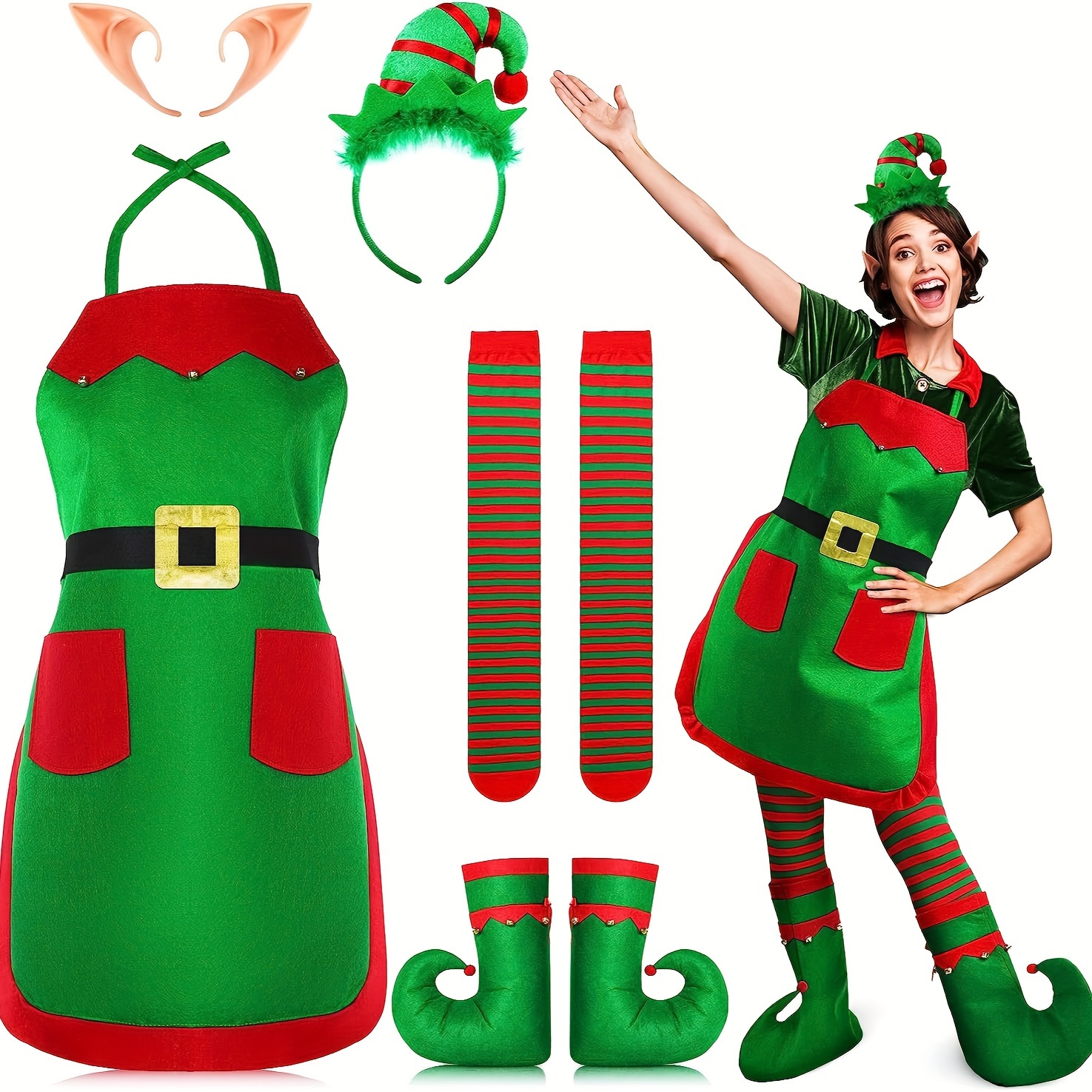 

5pcs Christmas Elf Costume Set For Women - Includes Outfit, Hat, Shoe Covers, Striped Stockings & Felt Ears - Holiday Parties & Cosplay, Christmas , Cosplay Accessories,