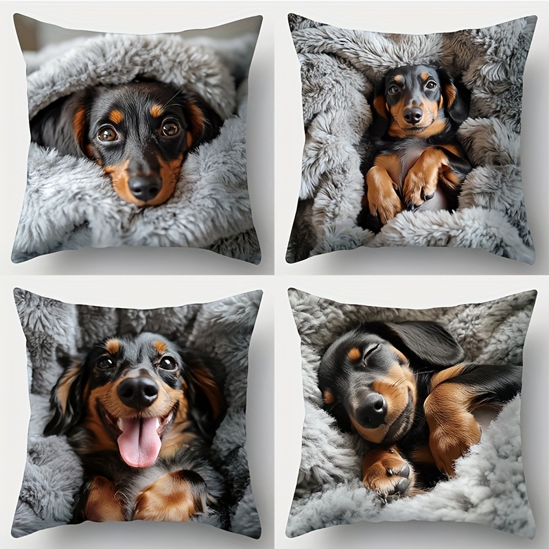 TEMU 4pcs Set, Printed Pillowcase, Dachshund Dog Pattern, The Puppy Is In Different Postures, Lying Or Reclining. This Type Of Pillow Is Suitable For