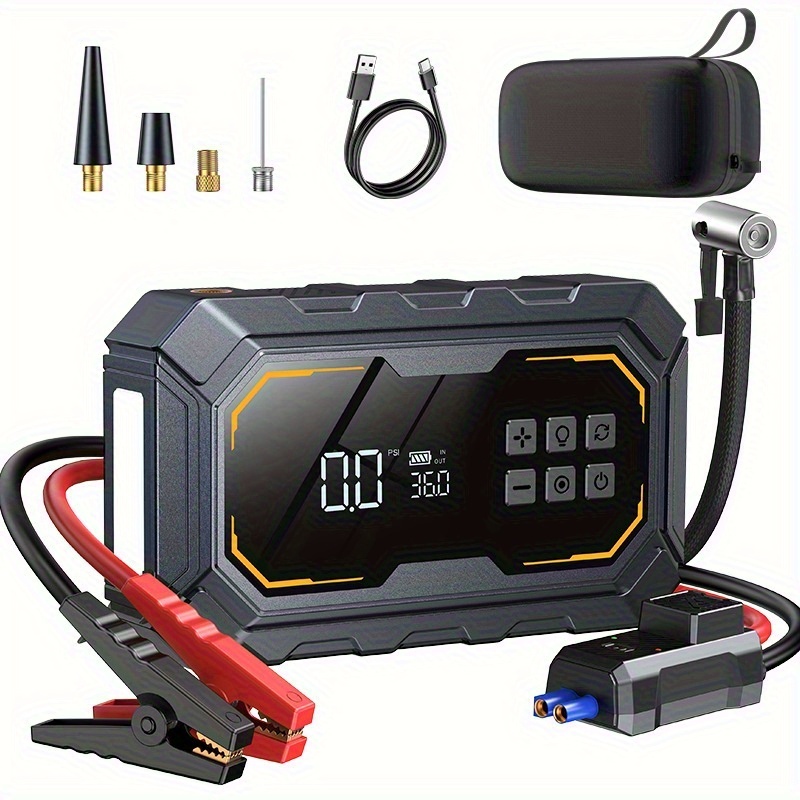 TEMU Arrancador de batería de 20000Mah 2000A con compresor de aire de 150PSI, cargador de batería de 12V para motocicletas, coches, camiones, rápido