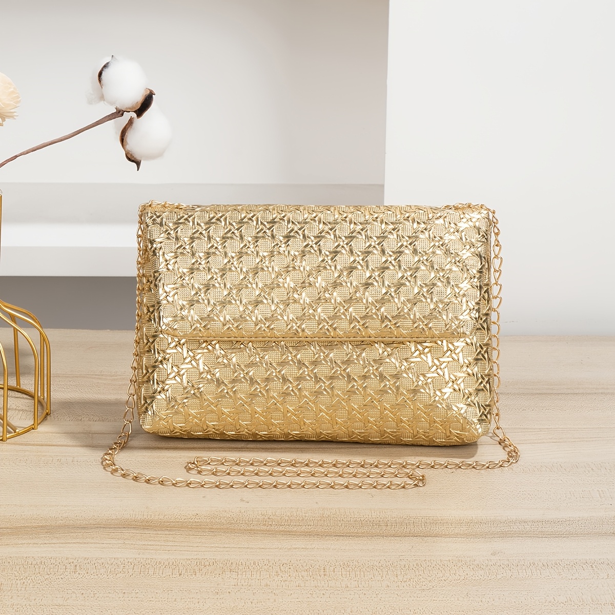 TEMU Women's Crossbody Bag, Mini Woven Pattern Golden Single Shoulder Bag For Women, Chain Bag, Women,, Students, Back To School, Dinner Parties,