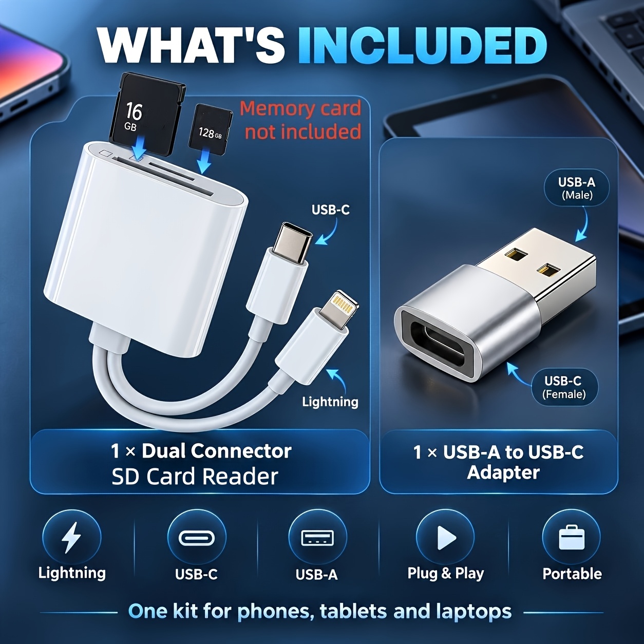 TEMU Kit lettore di schede di memoria 3 in 1, lettore di schede SD Lightning USB-C USB-A per iPhone 15 14 iPad Laptop, adattatore USB-A a USB-C