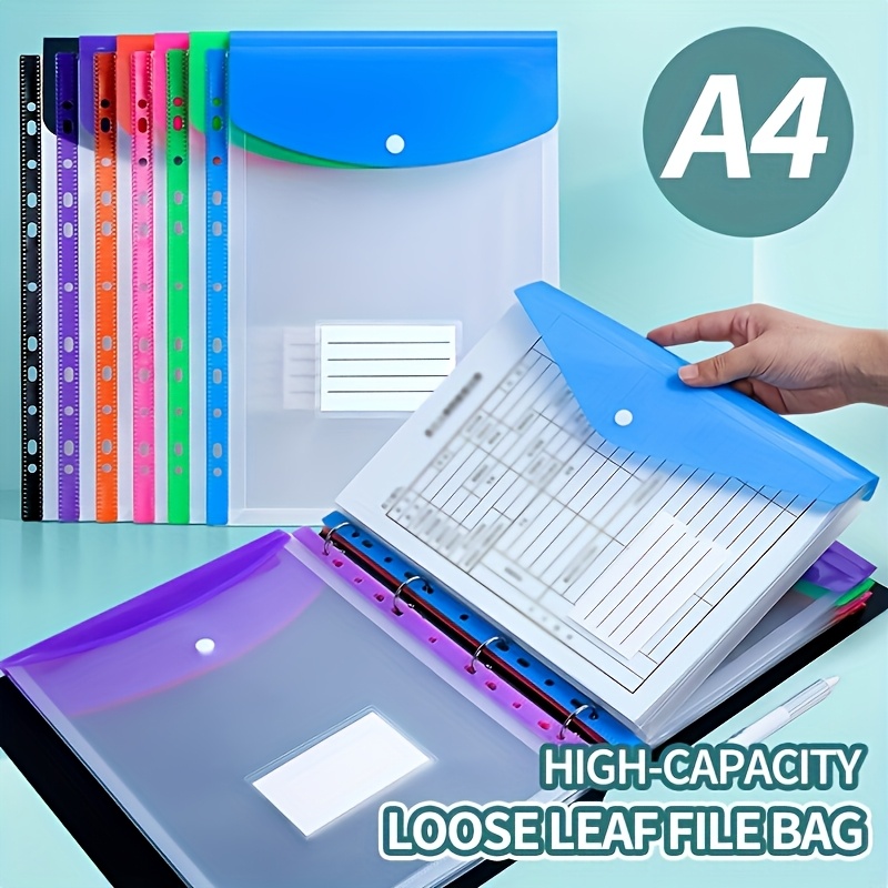 

6pcs A4 High-capacity Loose-leaf File Bags With 11-hole Binding Rings, Modern Pp Material, Button And Label Pockets, Suitable For School, Home, Office, Work, Travel - Portable Design