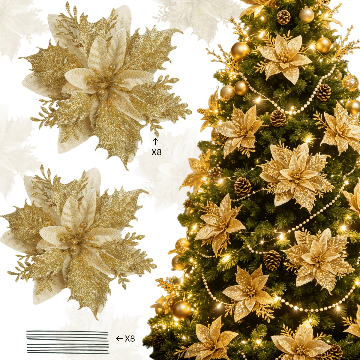 TEMU 16pcs Christmas Red And Golden Artificial Poinsettia (8pcs Flowers And 8pcs Stems) - Shimmering Flowers For Christmas Wreath, Garland, Christmas