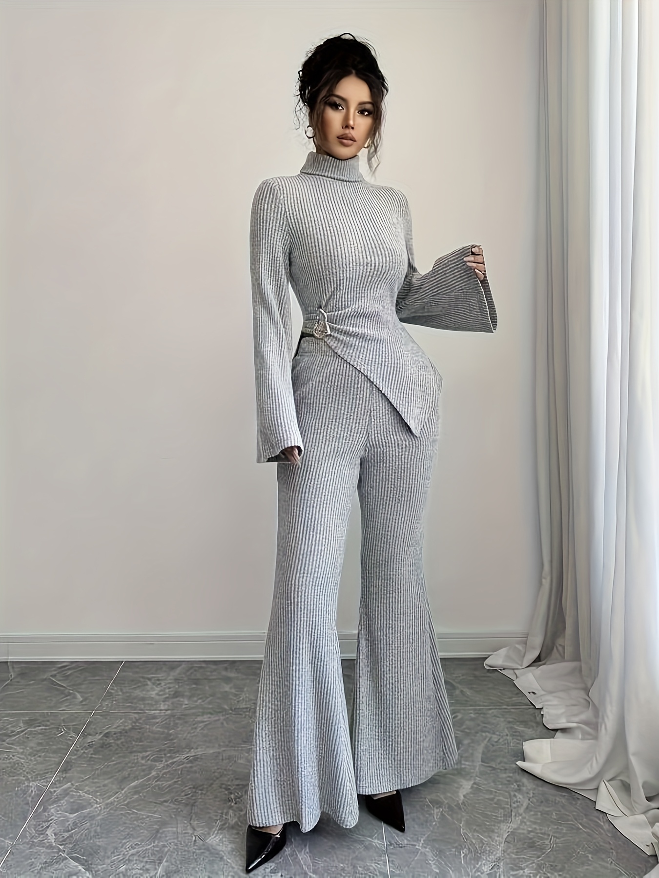 womens autumn winter fleece lined high neck asymmetrical hem long sleeve pants suit elegant solid   Product details 4