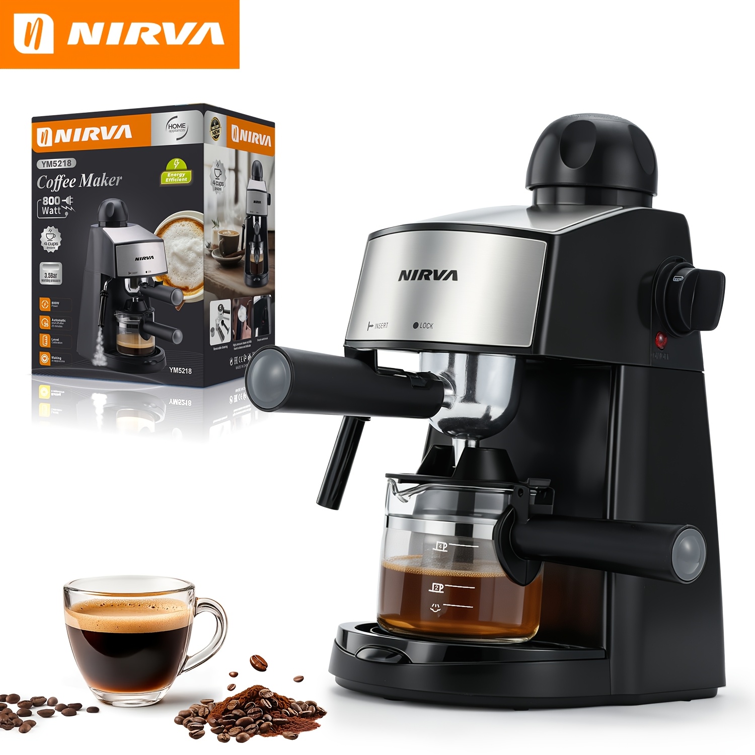 Nirva 4-cup Machine With Steam Wand And Glass Carafe, Compact For , , Creamy Lattes, Cappuccinos, And Mochas With Ease