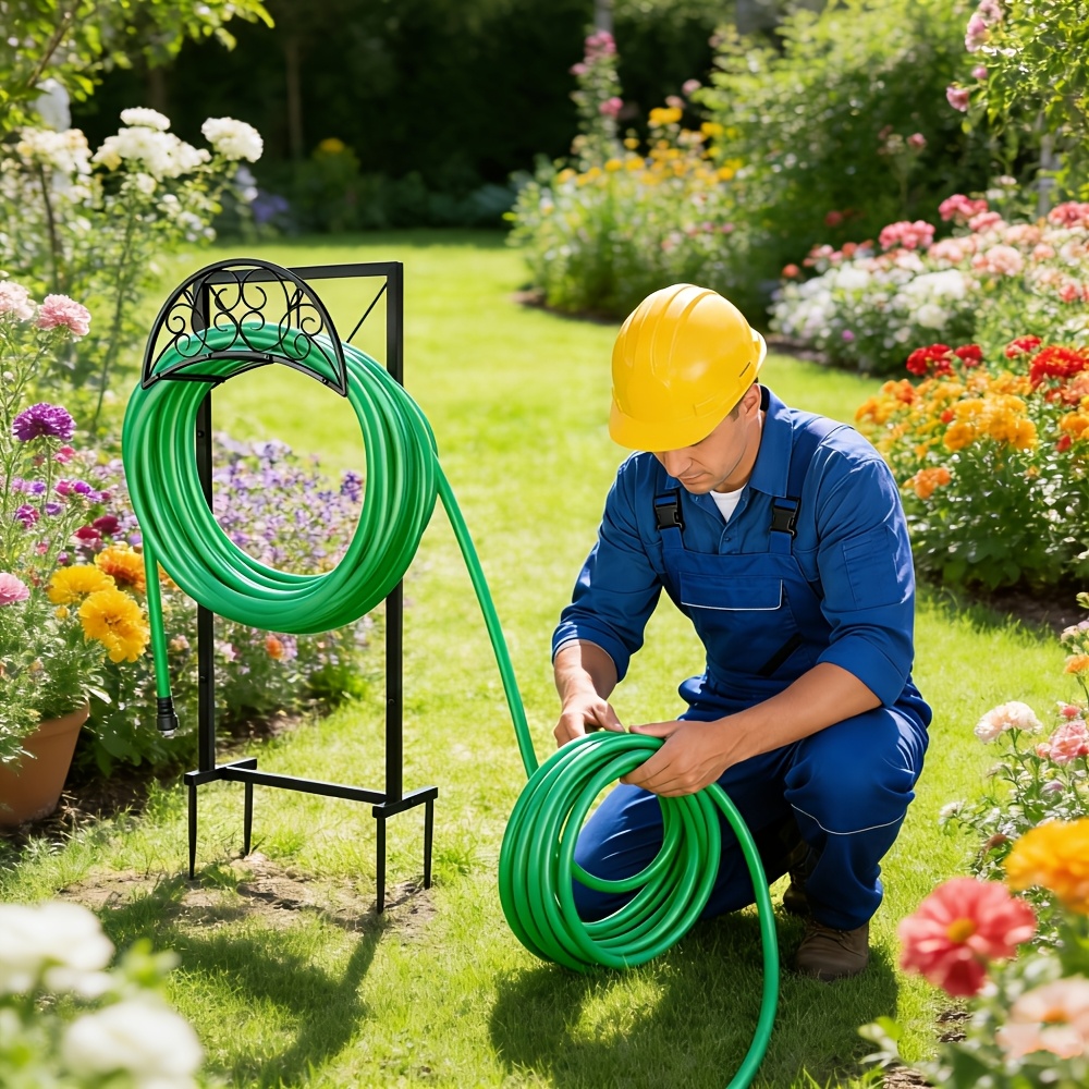 Freestanding Outdoor Hose Reel - Suitable For 151-Foot Hoses, 4-Anchor Base Rust-Proof Metal Garden Hose Holder Storage With -Free Assembly, Heavy-Duty Industrial Grade Portable Garden Pipe Bracket For Outside Yard, Lawn, Farm (Hose Not Included)