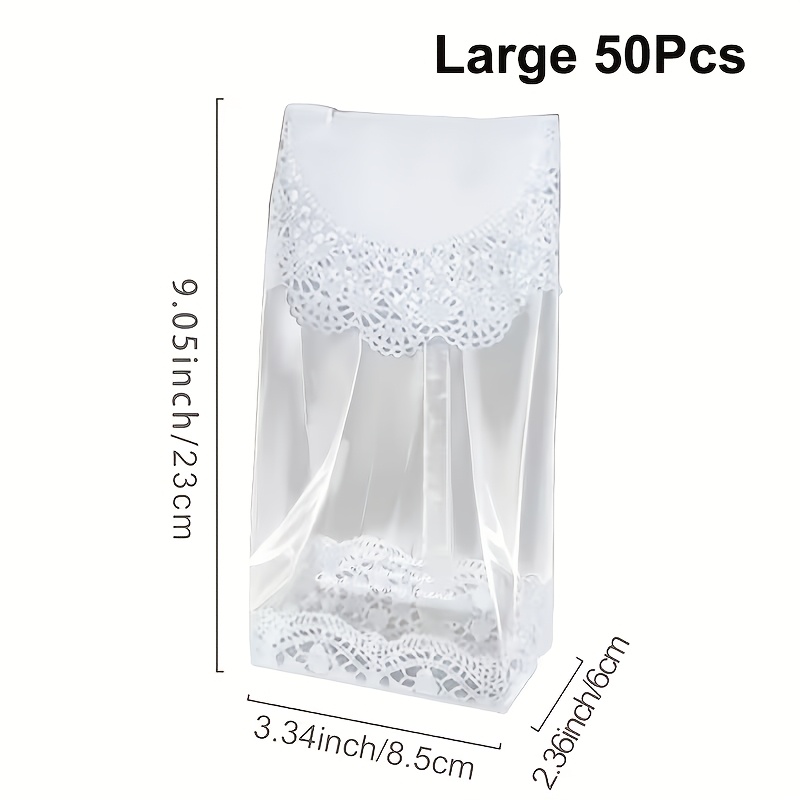 TEMU 50/100pcs Cookie Bags, Lace Edges Clear Baking Food Bags - Plastic Cellophane Bags - For Wedding, Bridal Party, Birthday Party Decor - Candy,