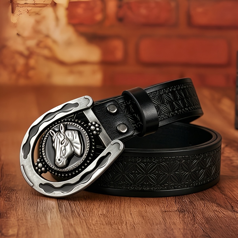 TEMU Fashion Engraved Belts For Men And Women, Featuring A "u-shaped Horse Head" Alloy Western Design. The Perfect Accessory Belt For Western ,