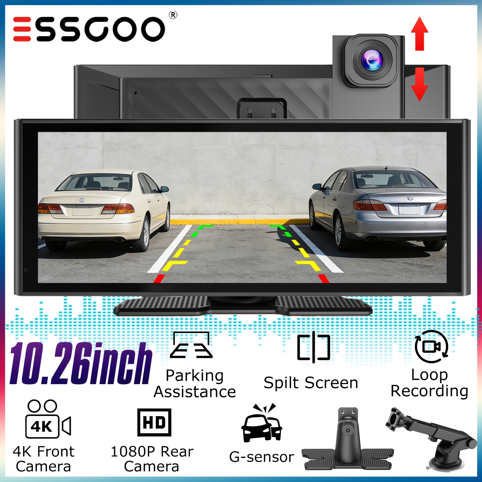 ESSGOO 10.26" Prenosni avtomobilski sistem z dvojno | Sprednja 4K kamera za armaturno ploščo + Zadnja 1080P pomoč | Brezžični CarPlay & Auto