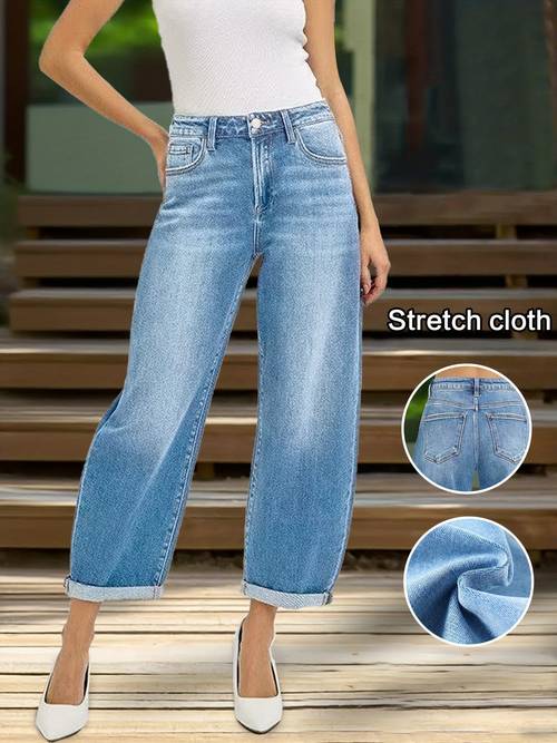 womens 2026 autumn winter new stretchy cropped jeans washed blue jeans with pockets 90s straight casual pants elegant ladies outfit high waisted tummy control loose pantalones denim trousers fit for travel work and office wear