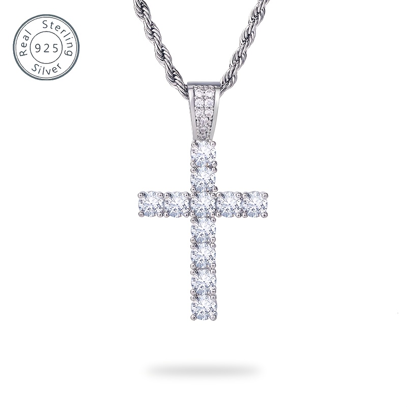925 Sterling Silver Shining Cross Necklace Hip-hop Trend Street Daily Wear Perfect Gift For Valentine's Day, Father's Day Gift For Dad, With Exquisite Gift Box
