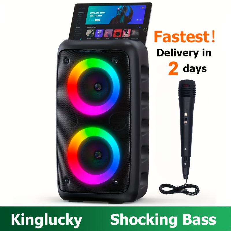 TEMU Kinglucky Enceinte Karaoké Portable Fil avec LED, Son Stéréo à 360°, Radio FM, Support TF/USB, Son Stéréo Puissant, pour Fêtes, Famille,