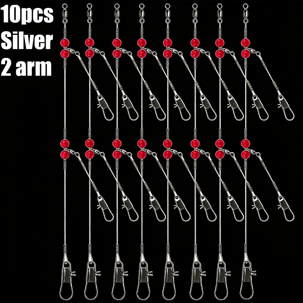 TEMU 10pcs Stainless Steel Fishing Leader Rigs, Single/double Arm Wire With Swivels, Snaps & Red Beads, Anti-bite Fishing Tackle For Fishing