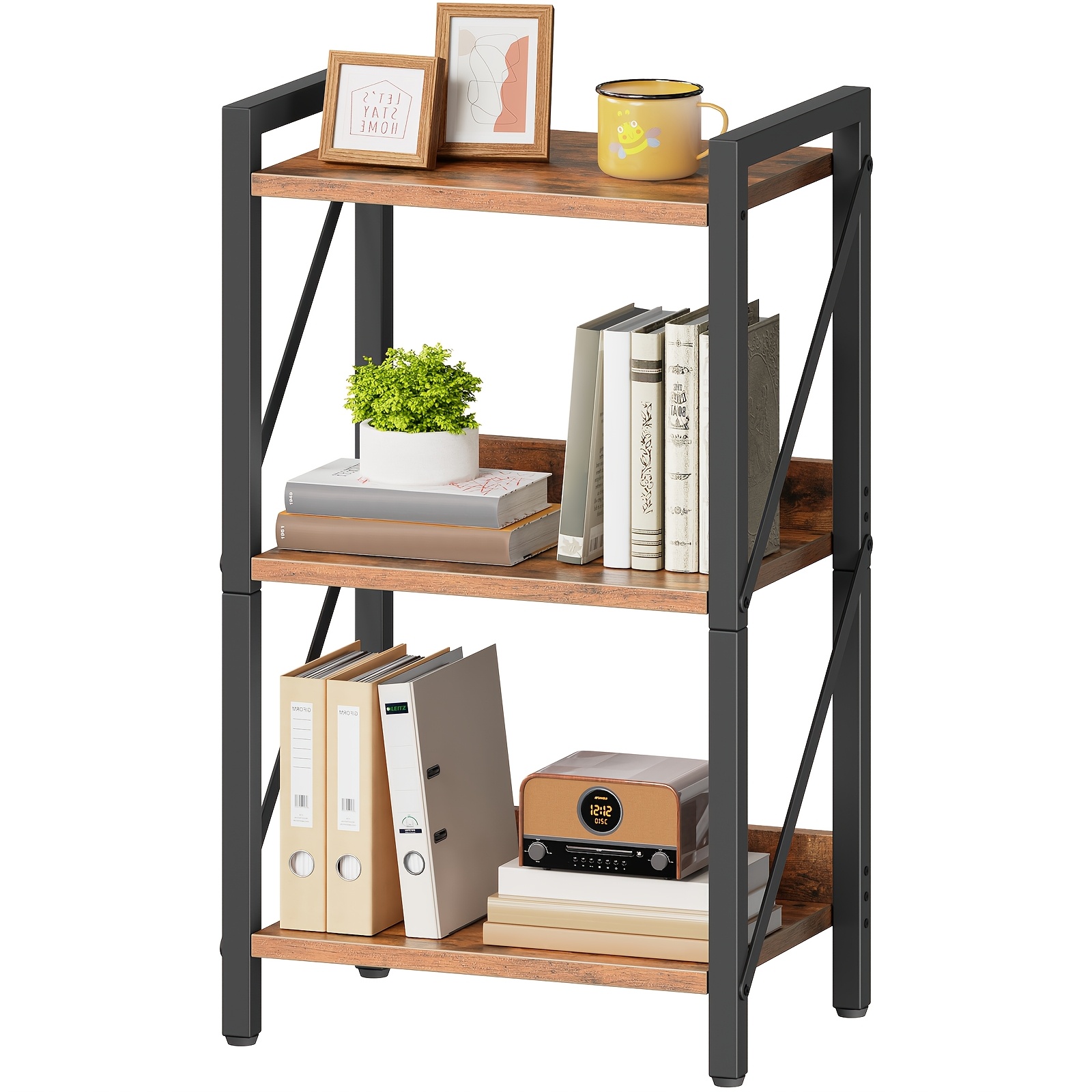 72.5cm 3 Tier Industrial Bookshelf, Heavy Duty Metal Frame Rustic Wood Book Shelf, Freestanding Open Storage Shelving Unit For Living Room, Bedroom & Office