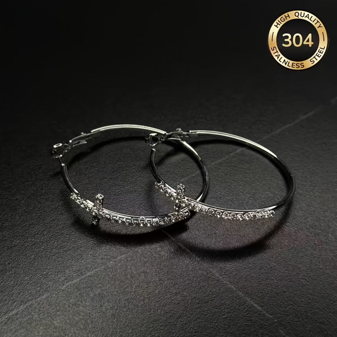 TEMU 2pcs 1 Pair Of Women's Large Round Earrings, Retro Easy Inlaid Synthetic Zirconia Hoops, Geometric Ear Studs, High-end Elegant, Fashionable And