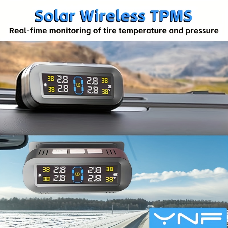 Image of Ynf Solar Tpms Tire Pressure Monitoring System - (0-87 Psi), 4 Sensors, Solar And Usb Charging, Lcd Display, 6 Alarm , Suitable For Car, Rv, Suv, Mpv, And Sedans