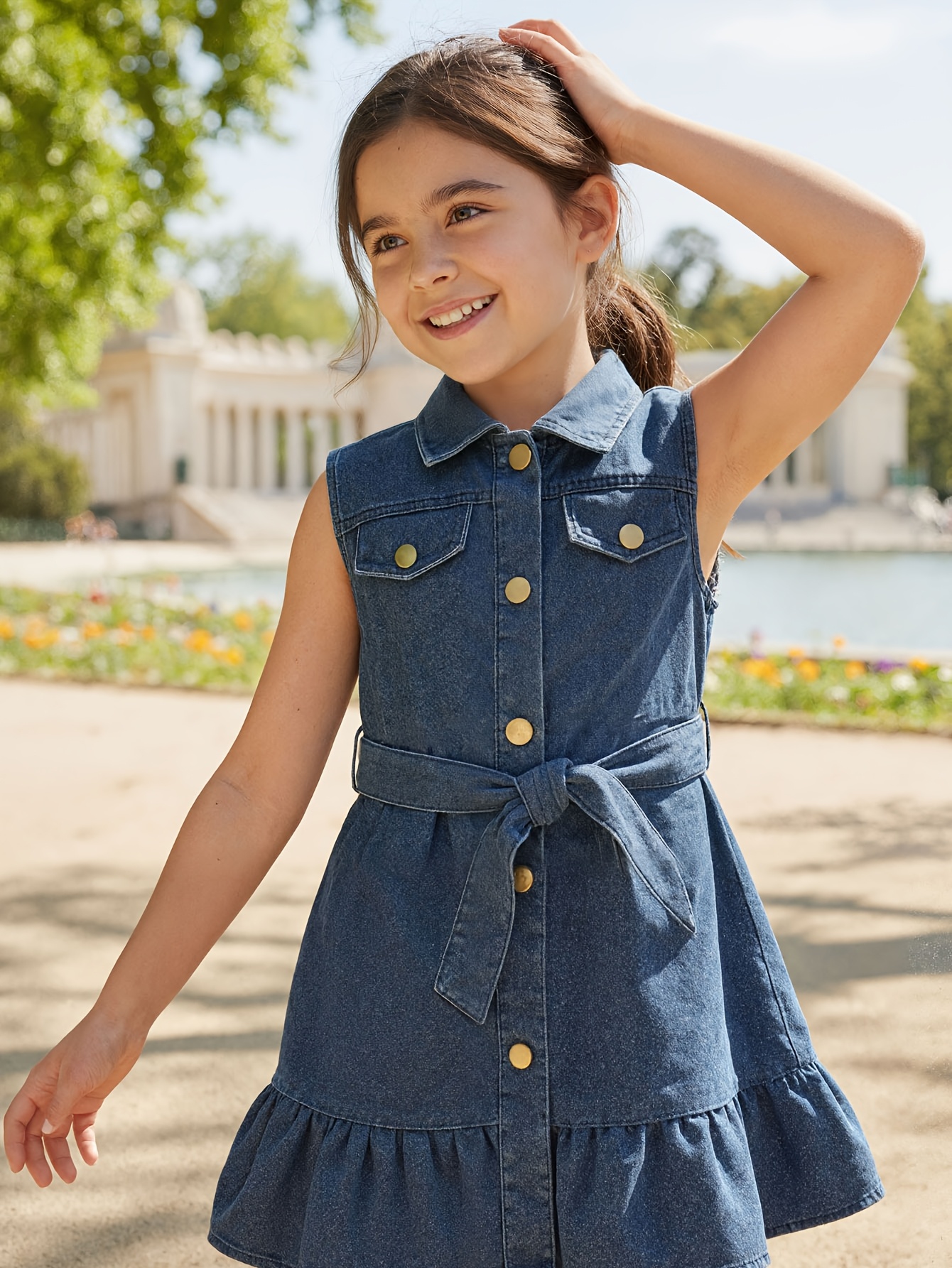 girls blue washed denim dress free adjustable belt y2k - Temu Oman