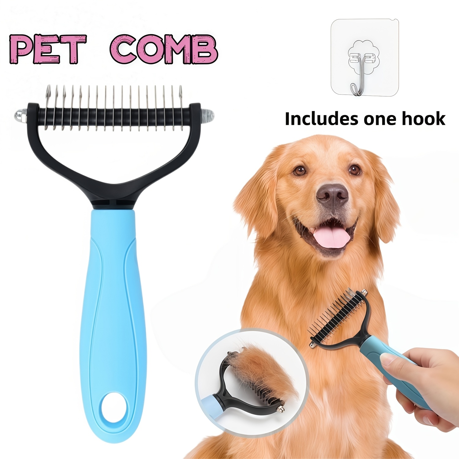 TEMU 1pc Pet Dematting Comb + 1pc Hook, Universal For Cats And Dogs, Stainless Steel Pet Hair Removal Brush, High- Hair Removal Brush, Easily Removes