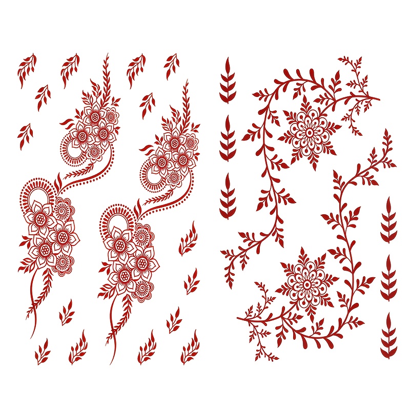 2 Sheets Red Floral Vine Leaves Branches Ramadan Festival Temporary Tattoo Stickers, Mandala Vine Design, Suitable For Arm Holiday Party Wedding Body Art Decoration