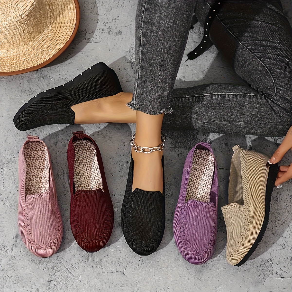 Women'S Purple Knit Loafers - Slip-On, Lightweight, Non-Slip Flat Walking Shoes, Casual All-Season Low Top Fabric Sneakers, PVC Sole and Fabric Insole, Comfortable and Breathable, Allseason Loafers | Casual Loafers | Comfortable Footwear, Loafer Sneakers