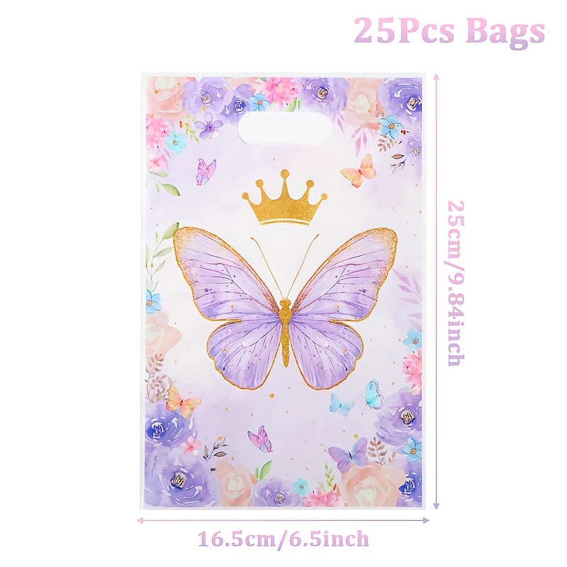 10/25/50pcs Purple Crown Floral Plastic Gift Bags With Sturdy Handles - Elegant Party Decor For Weddings, Birthdays, Showers & Bridal Events, Wedding Gift Bags, Whimsical , Vibrant Print Quality