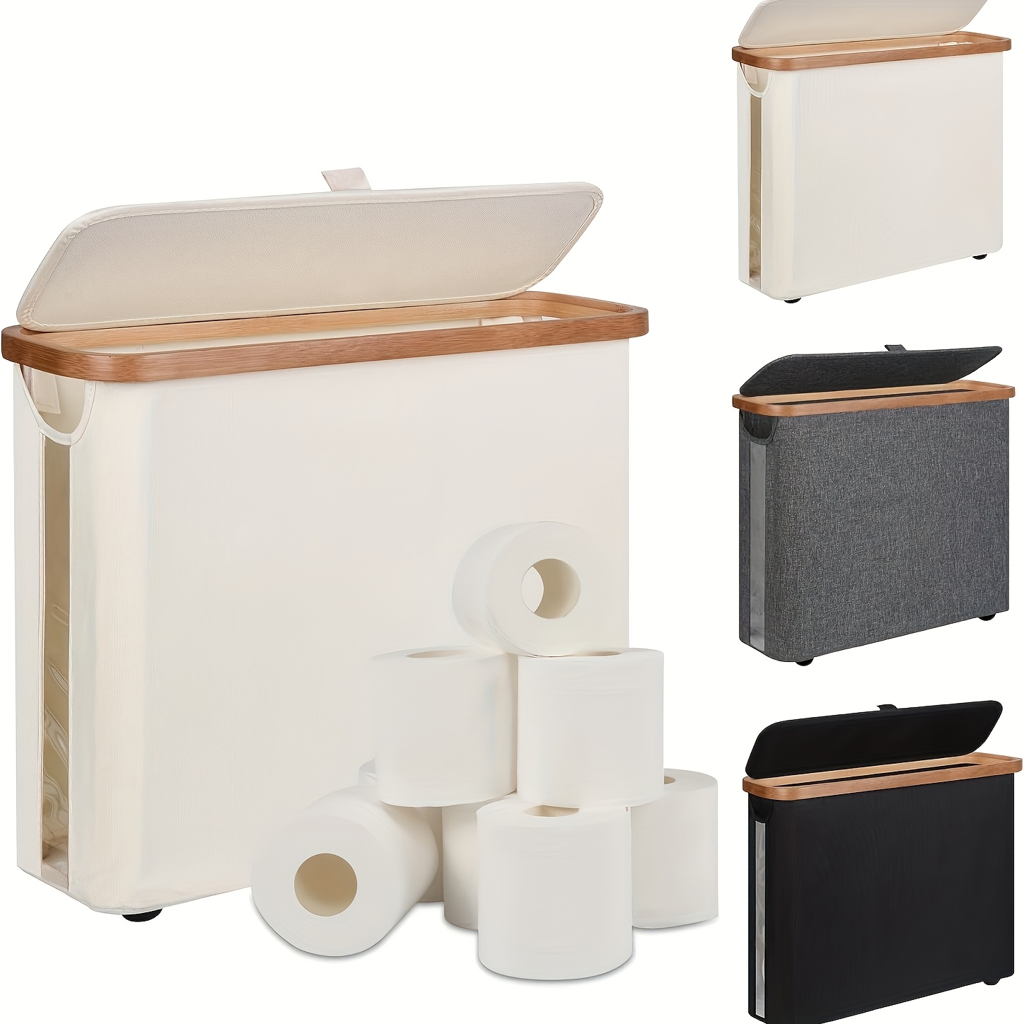 TEMU Large Capacity Toilet Paper Holder With Lid | Foldable, Space- Wooden Frame With Gray Fabric End, Essential For Modern Home Organization,