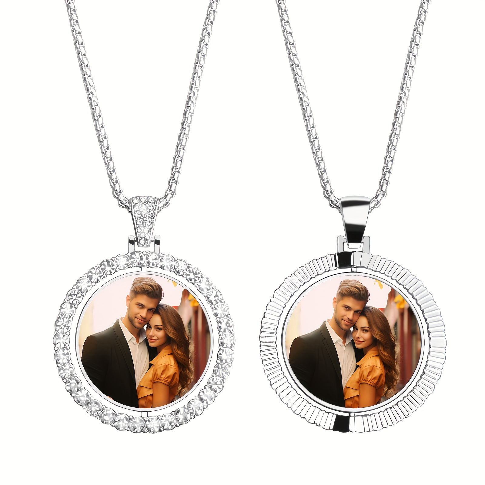 Personalized Photo Pendant Necklace, Custom Double-Sided Hip Hop Chain with  Synthetic Gem-Encrusted Circle, Alloy Keepsake Jewelry Gift for Men
