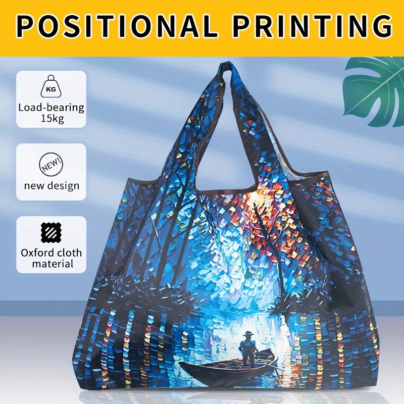 

1pc Elegant Oxford Cloth Tote Bag For Women, Large Capacity Foldable Supermarket Shopping Bag, Lightweight Travel Shoulder Bag With Fixed Strap, Artistic Positional Printing Design, Machine Washable