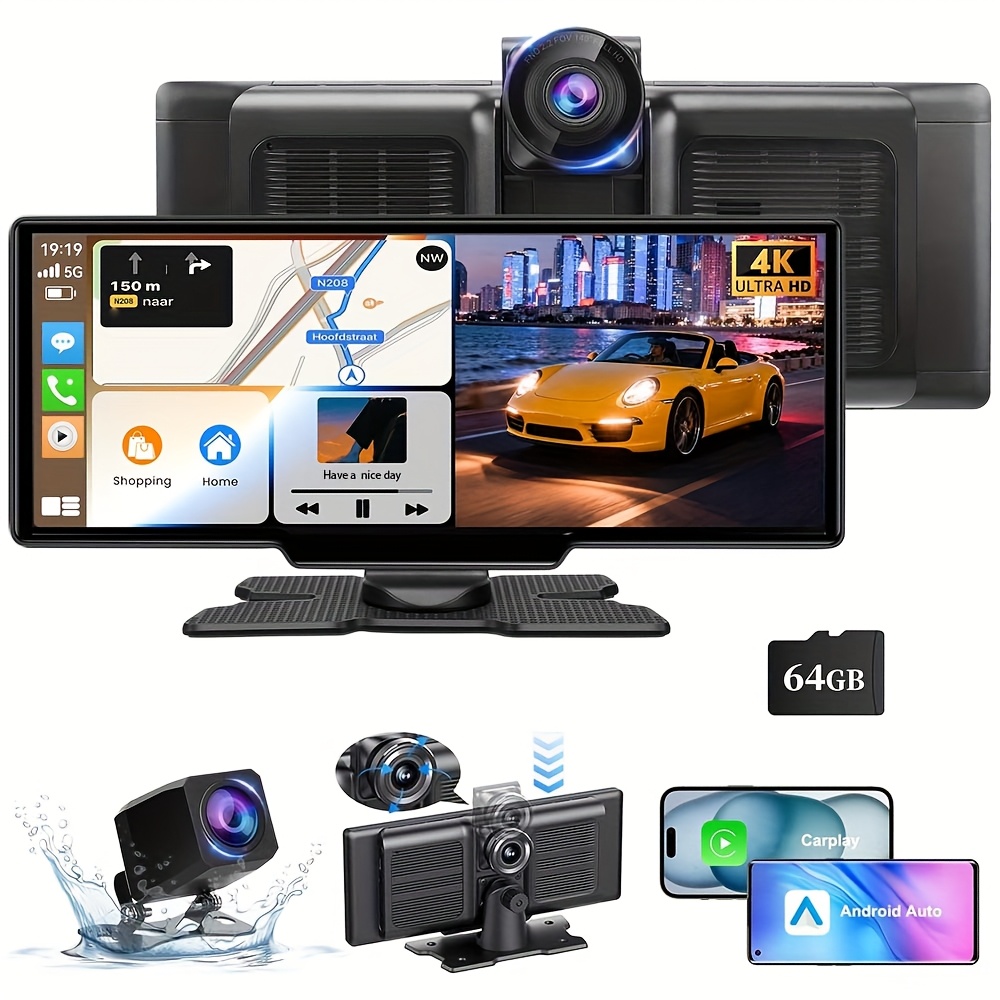 4K Front Dash Cam, 1080P Rear Camera, Portable Carplay Screen for Car - 26.06 cm Carplay & Android Auto Car Touch Stereo, with 64G TF Card, BT, GPS Navigation
