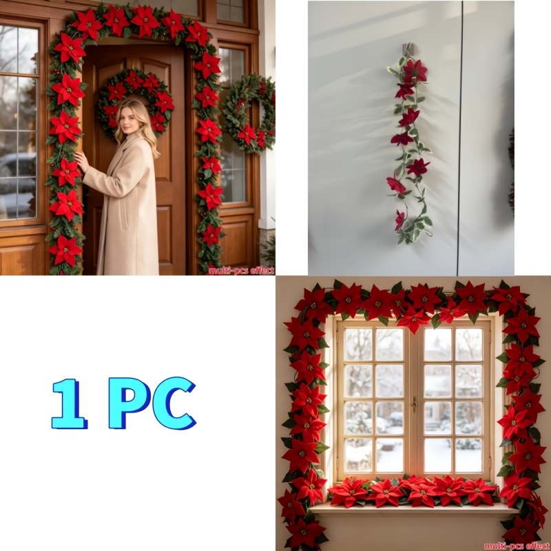 TEMU 1pc Ultra-long Artificial Egg Flower Vine, Total Length 94.48 Inches - Decorative Curtain, Featuring Large Red Flowers, Suitable For Christmas,
