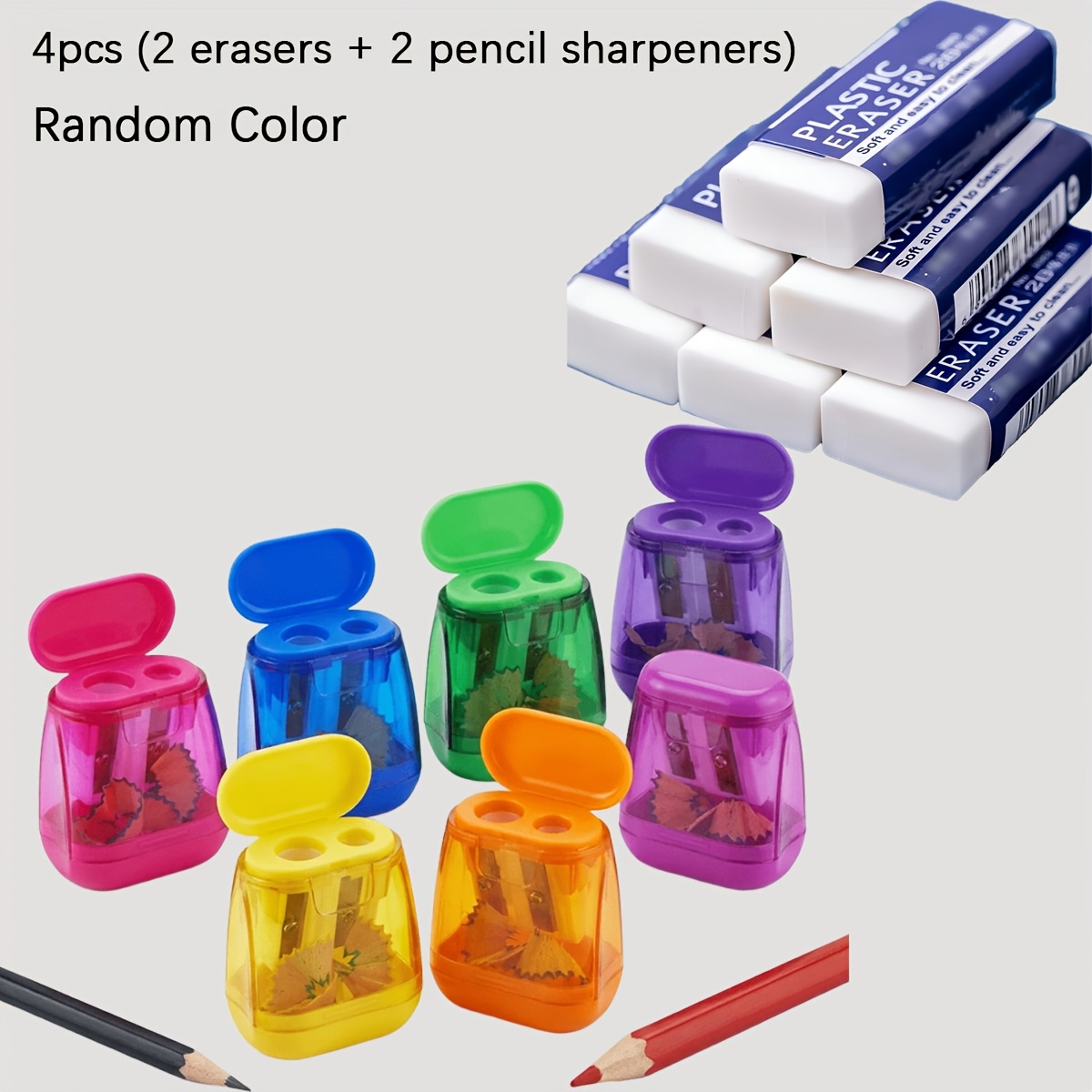 TEMU Set da 4 pezzi (2 gomme grandi + 2 temperamatite a foro in colori casuali), matite 2B specifiche per esami, temperamatite , scrittura , senza