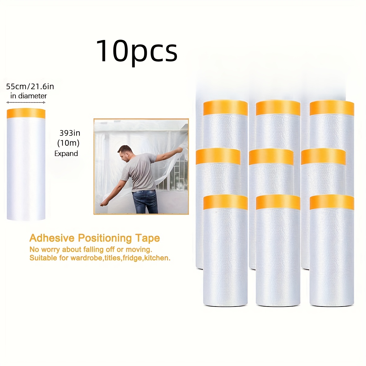 TEMU 10pcs Pvc Painter's Tape - Adjustable Height, Foldable Roll, With Removable Lid, Pre-adhesive Film, For Car Painting And Home Decor, White And ,