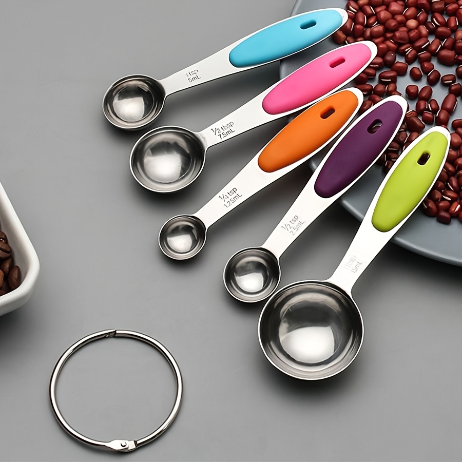 TEMU 1 Set Of Durable Stainless Steel Measuring Cup And Spoon Set With Silicone Handles - Food-grade Kitchen Tools, Suitable For Cooking And Baking,