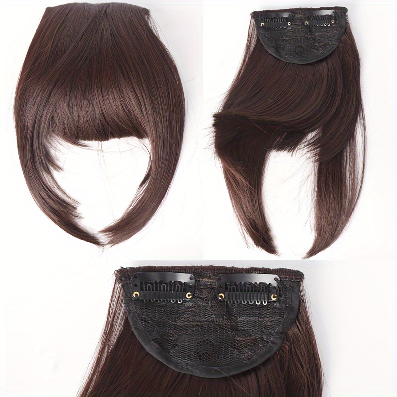 chic brown clip in air bangs for women heat resistant synthetic hair extension with neat front fringe   easy to       tones details 3