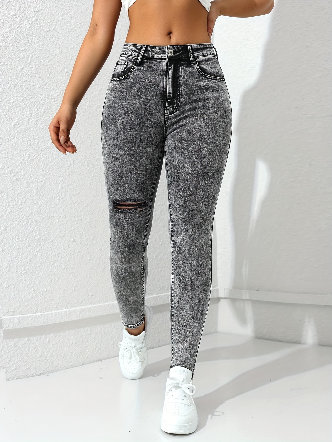 Ripped Skinny Fit Washed Grey Zipper Button Closure Denim Pants, Women's  Denim Jeans Clothing