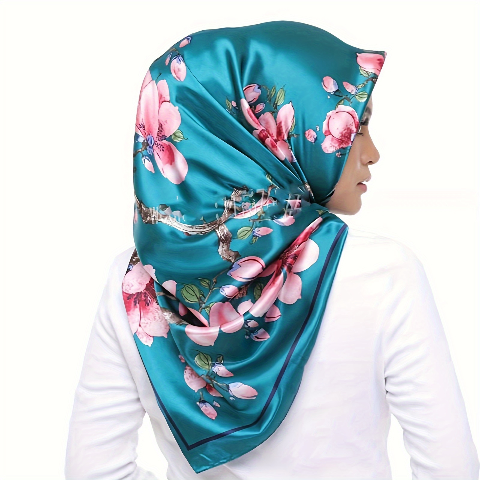 

Elegant Floral Scarf For Women - 35.4" Soft Polyester Shawl In Teal With Flowers, Windproof Headscarf For Outdoor, Sun Protection, And Style, Casual Wear, Hair Scarf