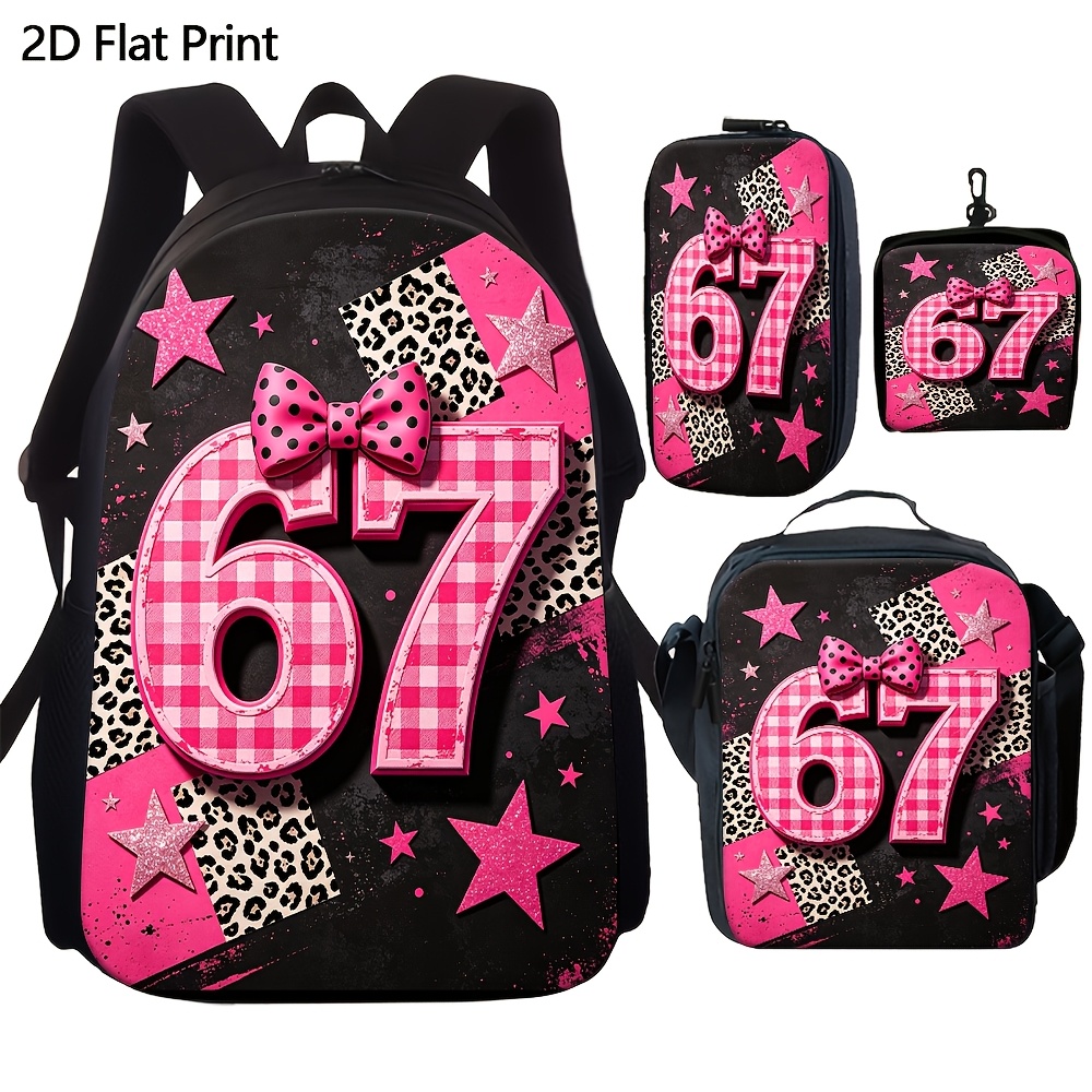 TEMU 4pcs Pink Checkered Number 67 Leopard Print Backpack Set Suitable For, Travel, - Lightweight Laptop With Zipper Closure, Adjustable Straps &