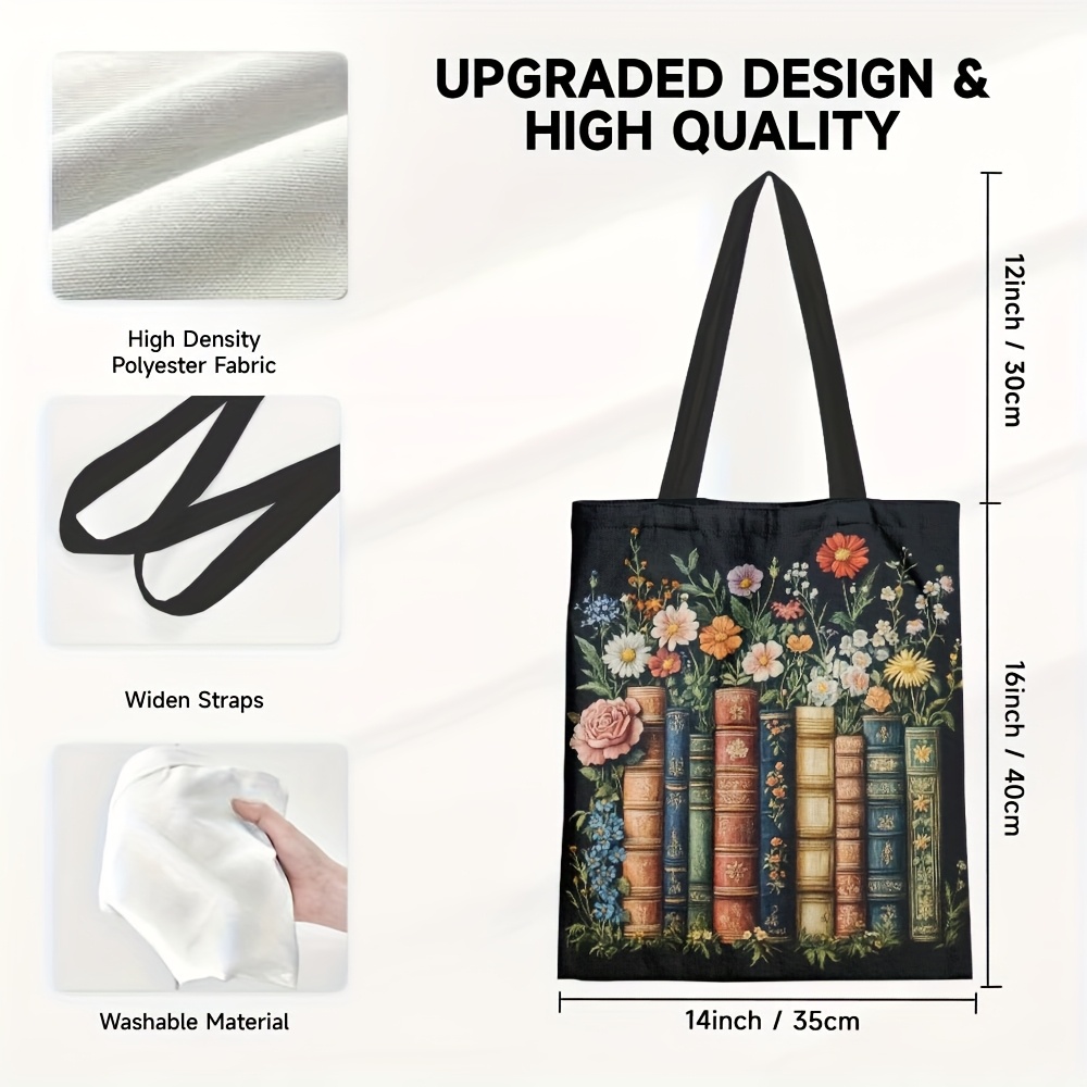 TEMU 1pc Stylish Floral & Books Pattern Tote Bag - Vibrant Polyester Shoulder Bag For Shopping, Travel & Everyday Use - Perfect Gift For Book Lovers,