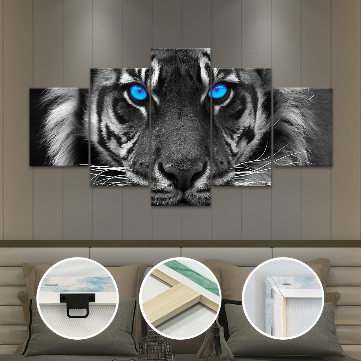 5st Blauwogige Tijger Canvas Kunstprint - Moderne Jungle Scène met Levendige Blauwe Ogen