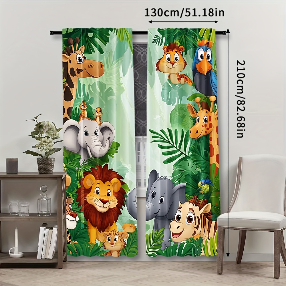TEMU Set Of 2, Adorable Forest Animal Curtains For Home Decoration, Drapes Featuring An Elephant, Giraffe, And Lion For Bedrooms And Living Rooms