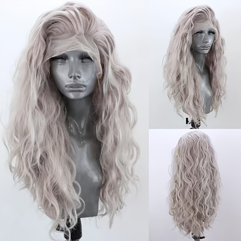 Image of Synthetic Lace Front Wig For Women, Featuring 26-inch Long Blonde Waves, Suitable For Daily Wear And Cosplay. This Loose Wig Is In And Is Heat Resistant, Making It Perfect For Styles